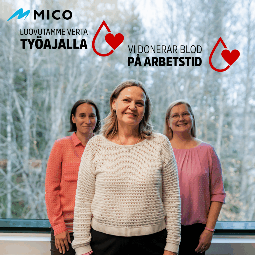 Kuvassa: Luovutamme verta työajalla. Vi donerar blod på arbetstid.